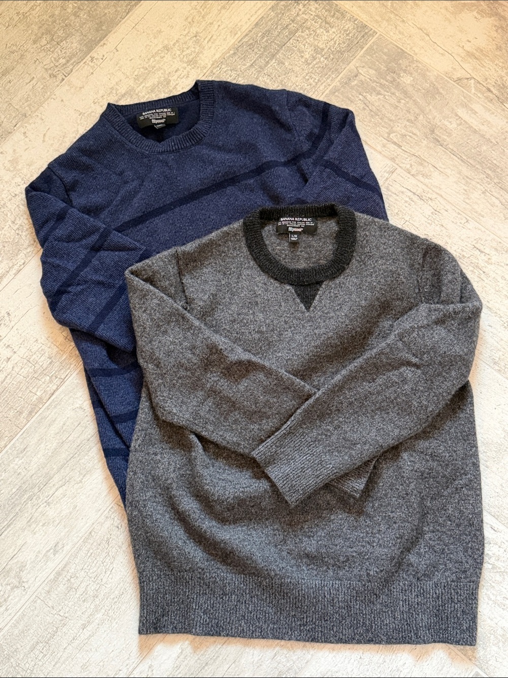 2 Banana Republic Men's Crewneck Sweaters, Heather Grey & Navy Striped